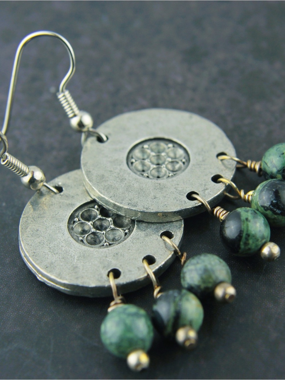 Silver-Tone Disk Earrings with Green Stone Beads